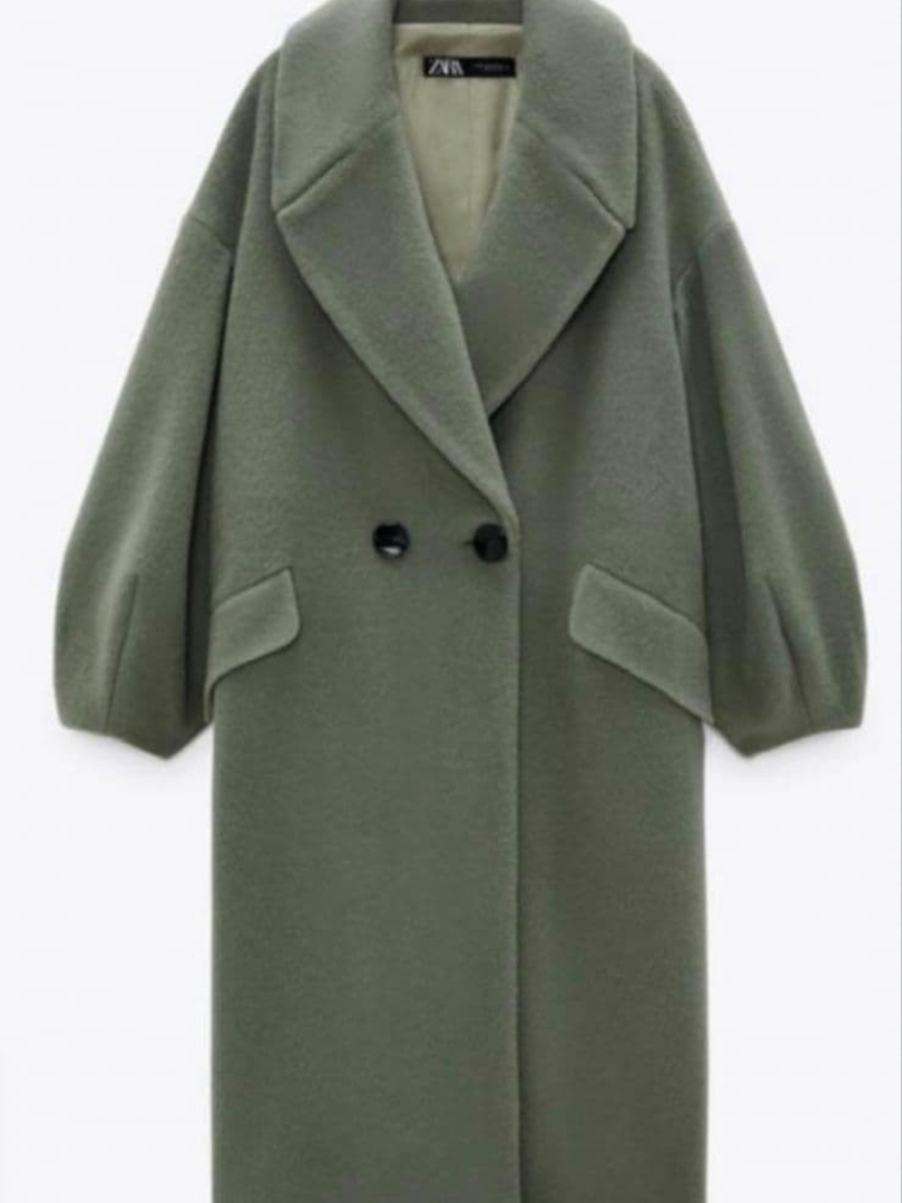 ZARA Olive Green Double-Breasted Wool-Blend Pea Coat